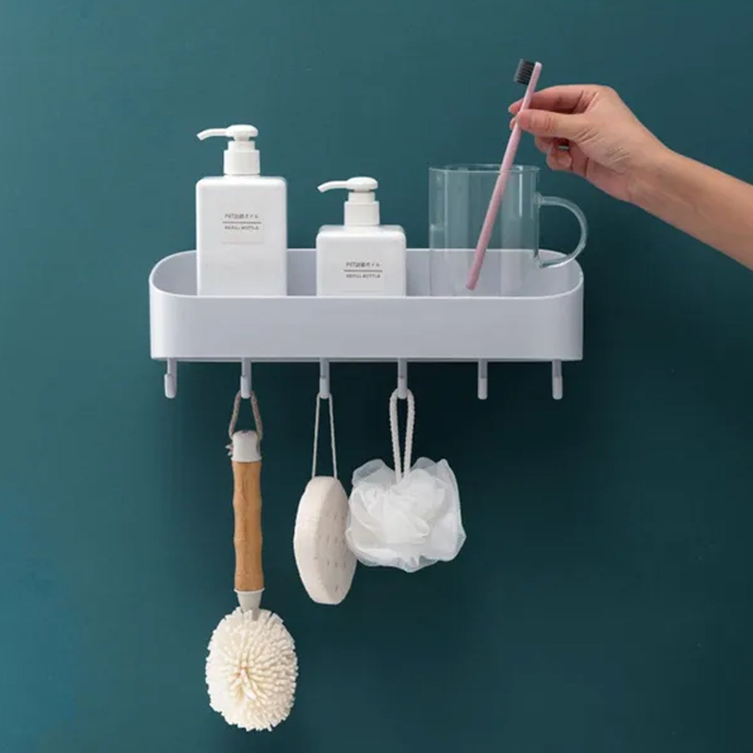 4058 Multipurpose Bathroom Kitchen Shelf Plastic Wall Storage Organizer with 6 Hooks Without Drill self Adhesive and Magic Sticker DeoDap 4058 Multipurpose Bathroom Kitchen Shelf Plastic Wall Storage Organizer with 6 Hooks Without Drill self Adhesive and Magic Sticker DeoDap